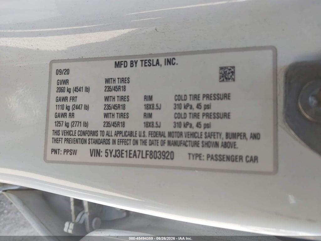 5YJ3E1EA7LF803920 2020 TESLA MODEL 3 photo no. 9