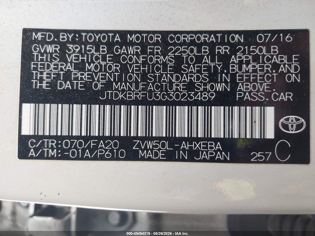 JTDKBRFU3G3023489 2016 TOYOTA PRIUS photo no. 9