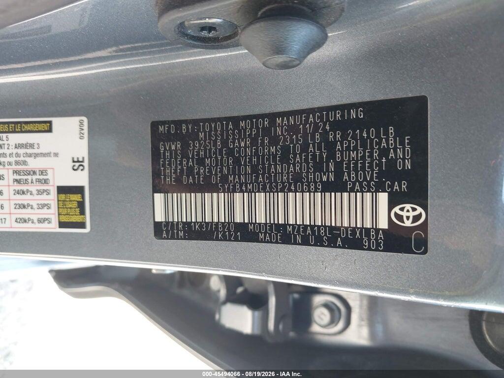 5YFB4MDEXSP240689 2025 TOYOTA COROLLA photo no. 9