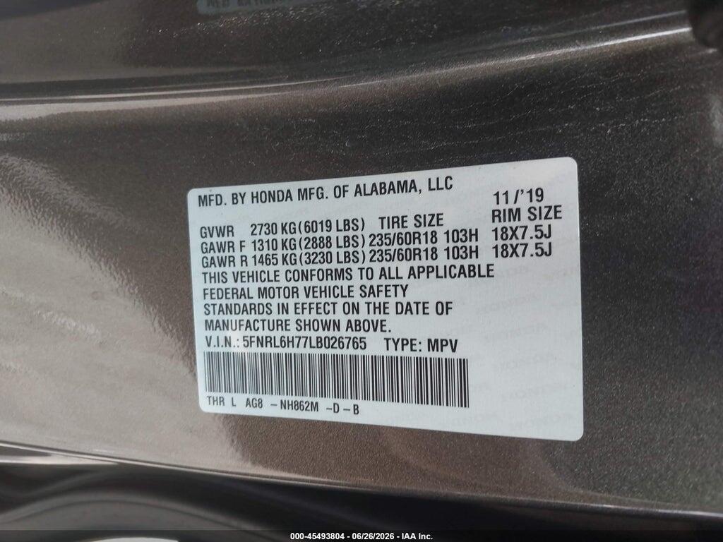 5FNRL6H77LB026765 2020 HONDA ODYSSEY photo no. 9
