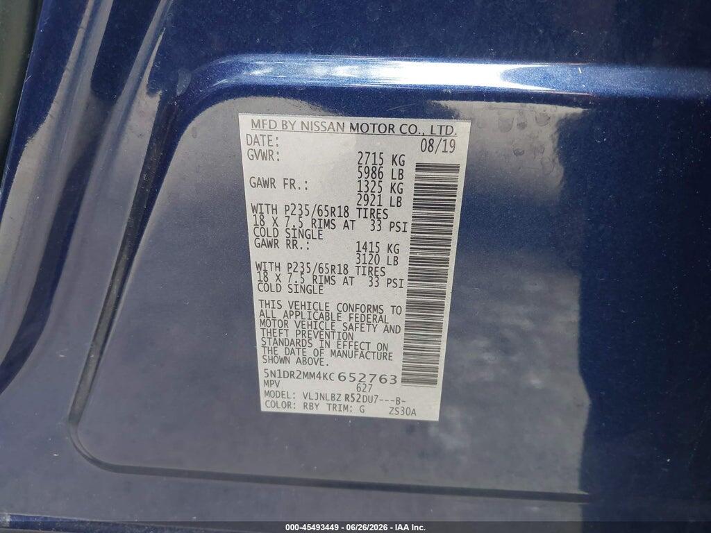 5N1DR2MM4KC652763 2019 NISSAN PATHFINDER photo no. 9