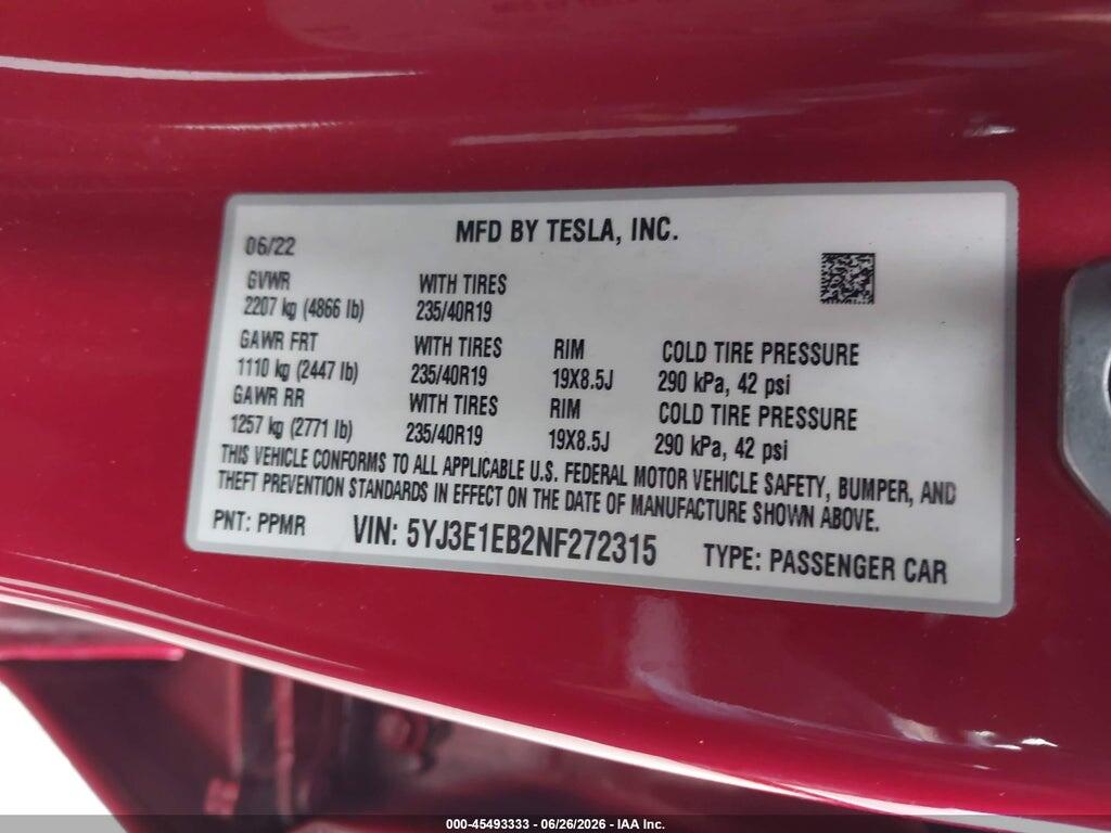 5YJ3E1EB2NF272315 2022 TESLA MODEL 3 photo no. 9