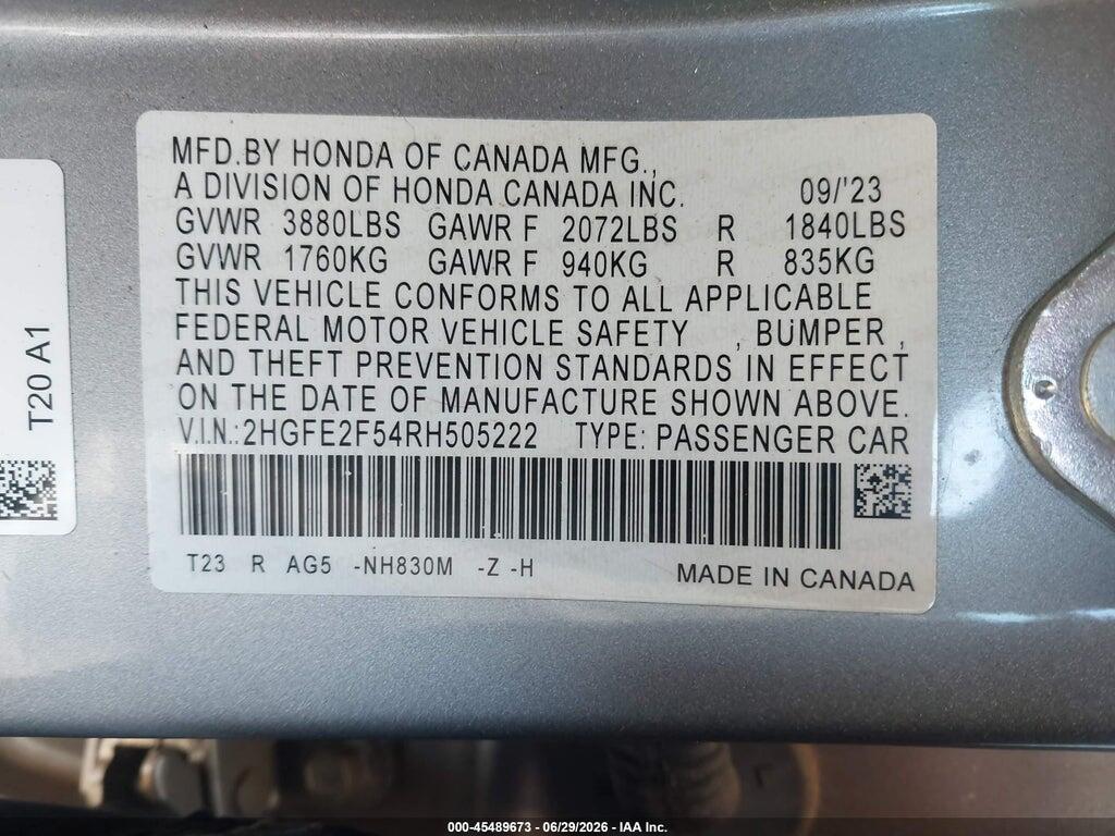 2HGFE2F54RH505222 2024 HONDA CIVIC photo no. 9