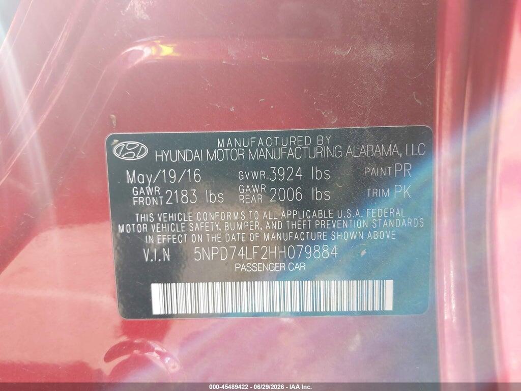 5NPD74LF2HH079884 2017 HYUNDAI ELANTRA photo no. 9