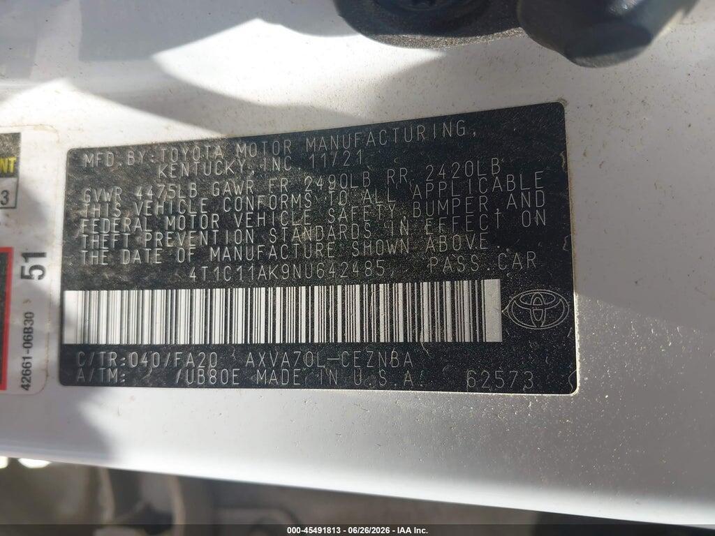 4T1C11AK9NU642485 2022 TOYOTA CAMRY photo no. 9
