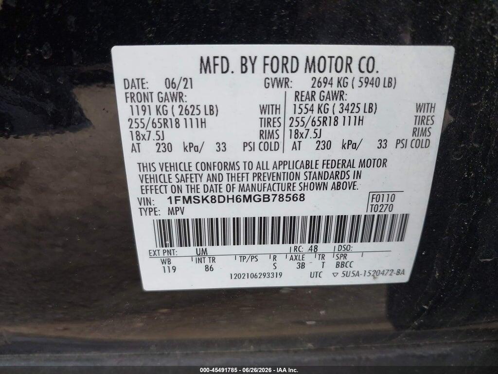 1FMSK8DH6MGB78568 2021 FORD EXPLORER photo no. 9