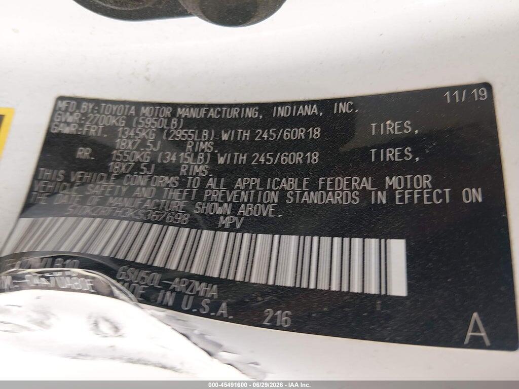 5TDKZRFH3KS367698 2019 TOYOTA HIGHLANDER photo no. 9