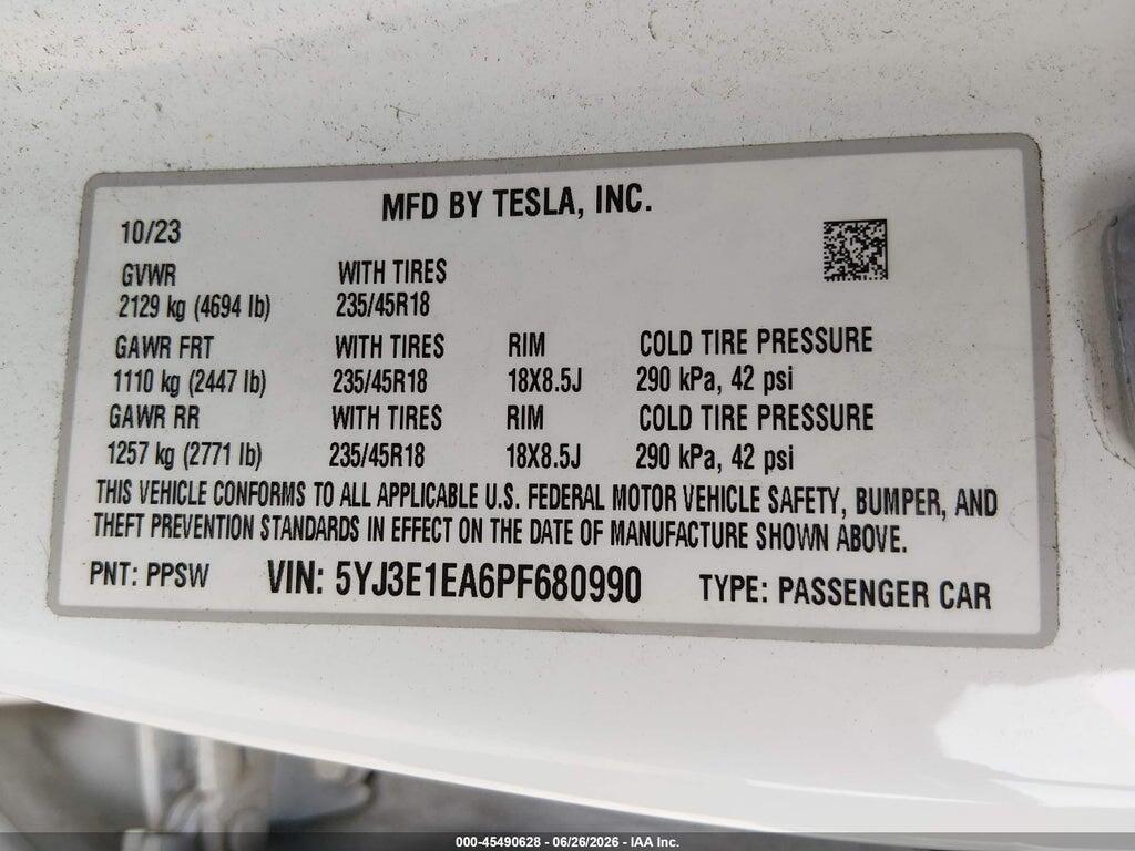 5YJ3E1EA6PF680990 2023 TESLA MODEL 3 photo no. 9