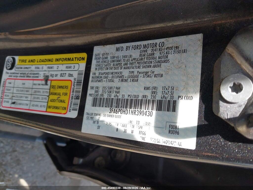 3FA6P0HD1HR390430 2017 FORD FUSION photo no. 9