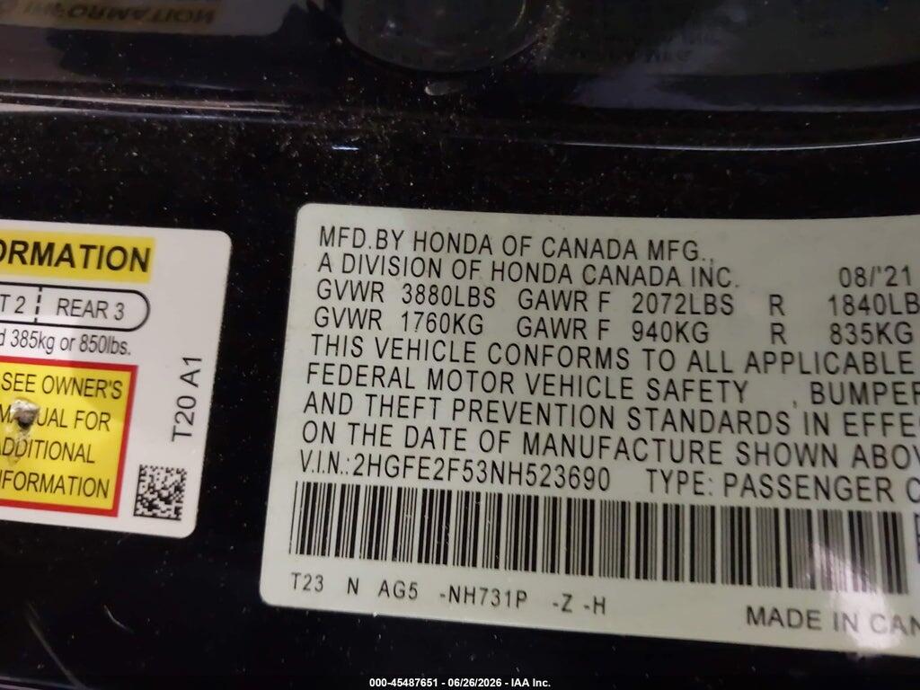 2HGFE2F53NH523690 2022 HONDA CIVIC photo no. 9