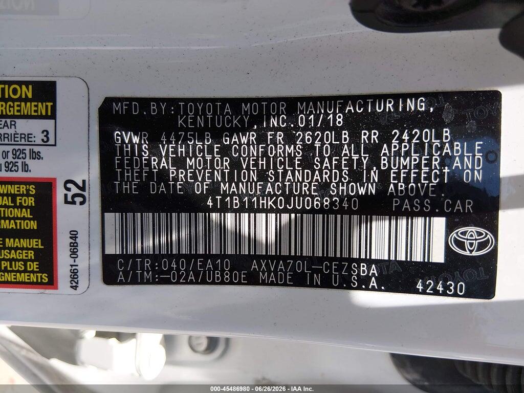 4T1B11HK0JU068340 2018 TOYOTA CAMRY photo no. 9
