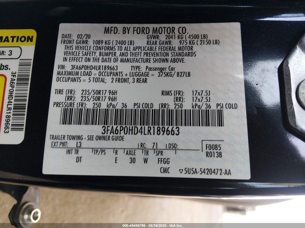 3FA6P0HD4LR189663 2020 FORD FUSION photo no. 9
