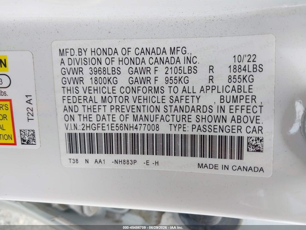 2HGFE1E56NH477008 2022 HONDA CIVIC SI photo no. 9