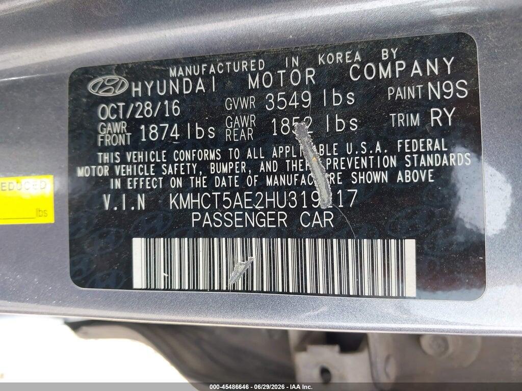 KMHCT5AE2HU319217 2017 HYUNDAI ACCENT photo no. 9