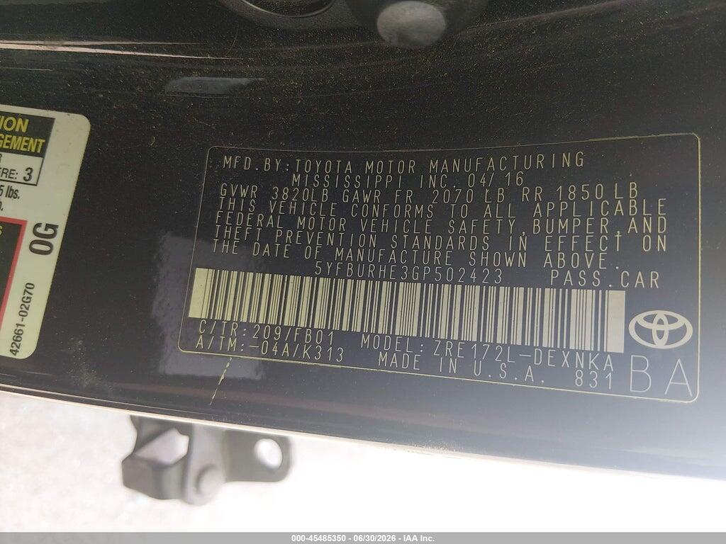 5YFBURHE3GP502423 2016 TOYOTA COROLLA photo no. 9