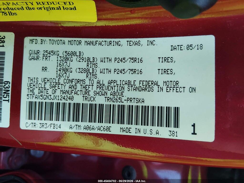5TFAX5GN3JX124240 2018 TOYOTA TACOMA photo no. 9