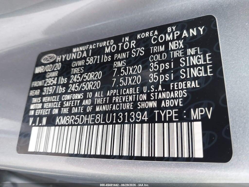 KM8R5DHE8LU131394 2020 HYUNDAI PALISADE photo no. 9