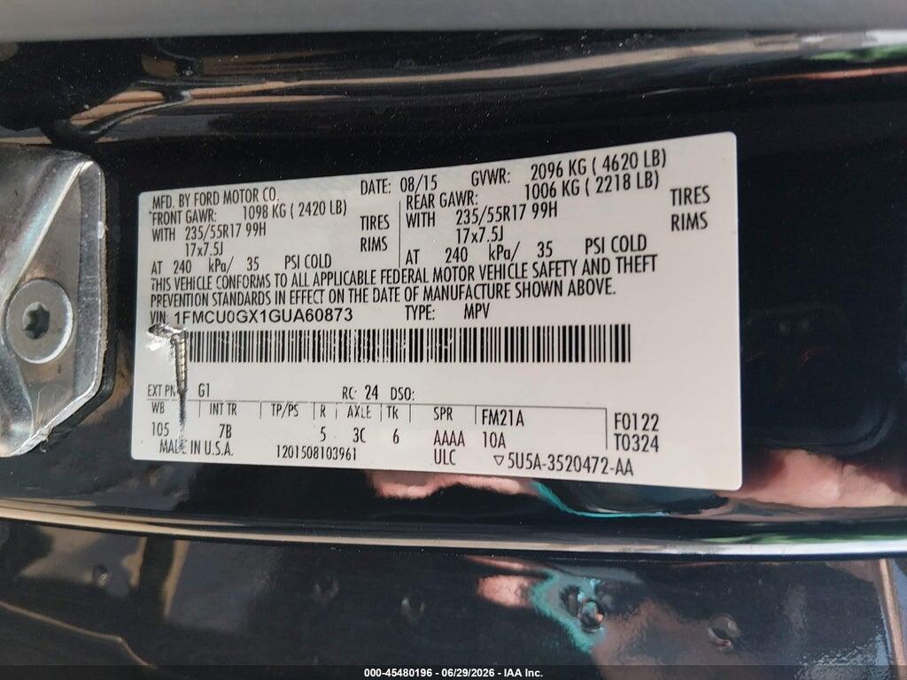 1FMCU0GX1GUA60873 2016 FORD ESCAPE photo no. 9