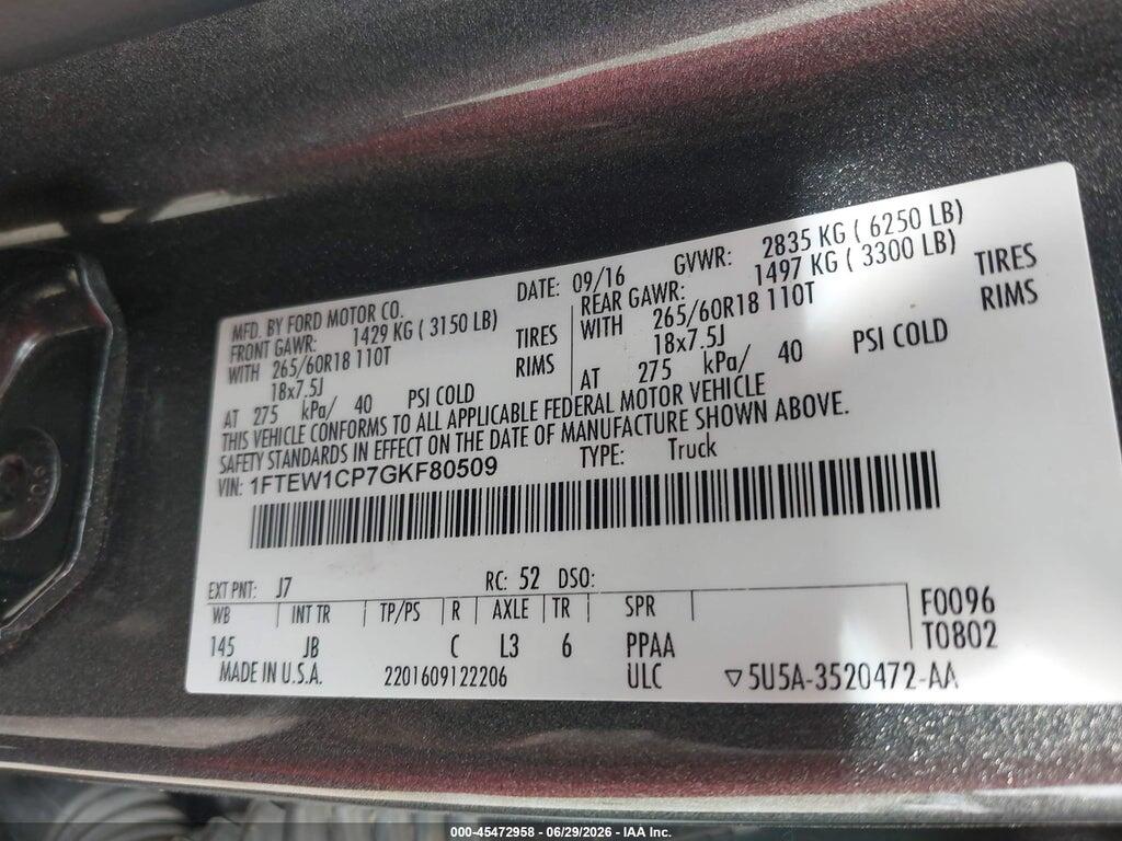 1FTEW1CP7GKF80509 2016 FORD F-150 photo no. 9