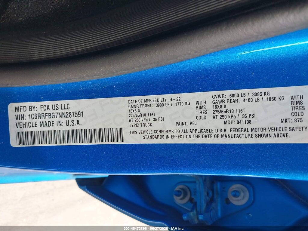 1C6RRFBG7NN287591 2022 RAM 1500 photo no. 9
