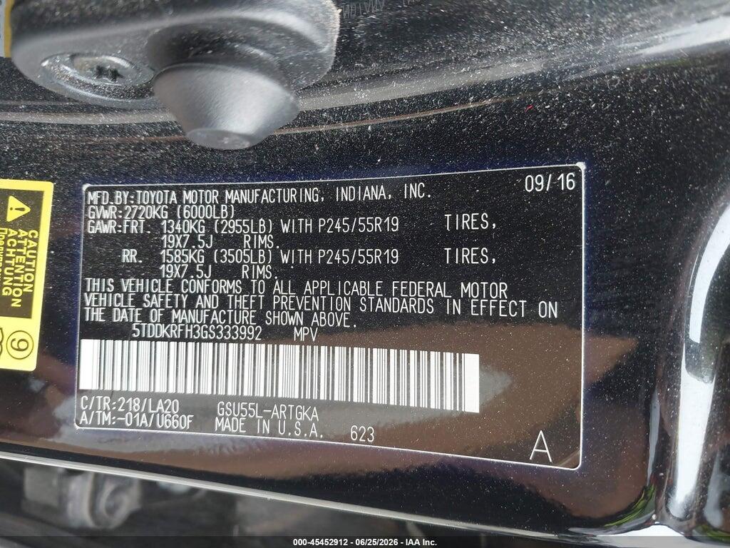 5TDDKRFH3GS333992 2016 TOYOTA HIGHLANDER photo no. 9