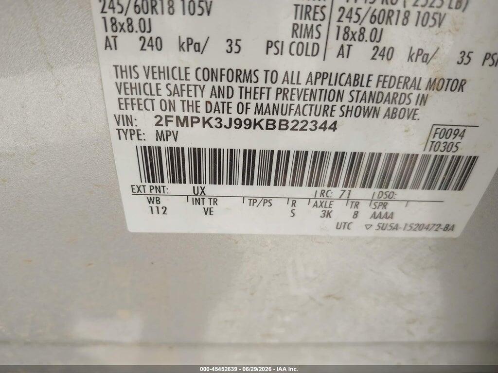 2FMPK3J99KBB22344 2019 FORD EDGE photo no. 9