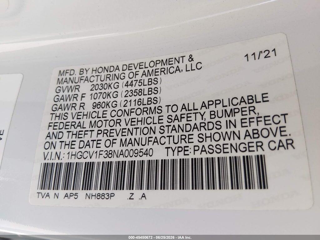 1HGCV1F38NA009540 2022 HONDA ACCORD photo no. 9