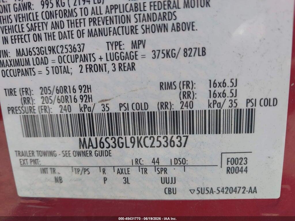 MAJ6S3GL9KC253637 2019 FORD ECOSPORT photo no. 9