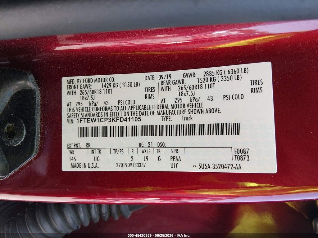 1FTEW1CP3KFD41105 2019 FORD F-150 photo no. 9