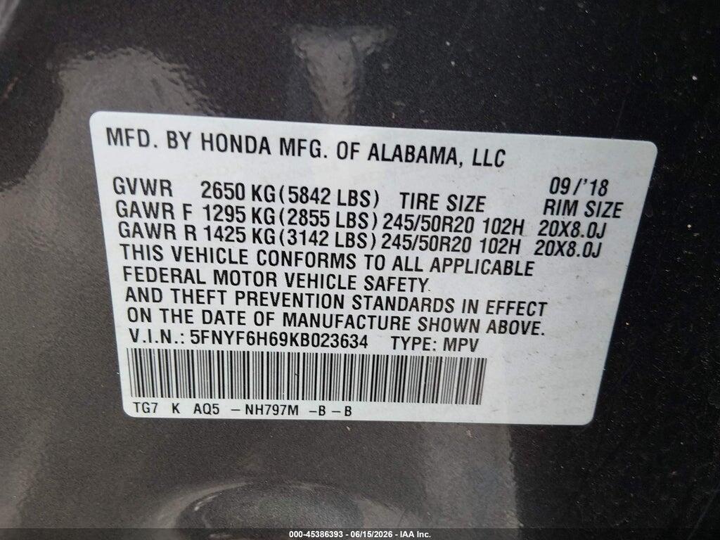 5FNYF6H69KB023634 2019 HONDA PILOT photo no. 9