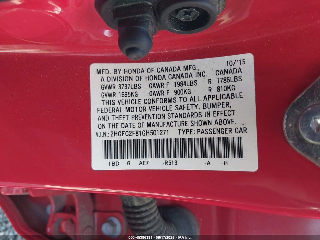 2HGFC2F81GH501271 2016 HONDA CIVIC photo no. 9