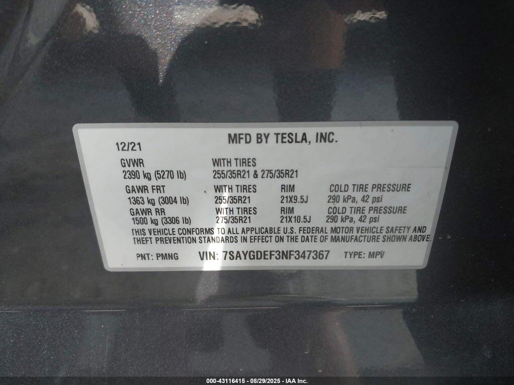 7SAYGDEF3NF347367 2022 TESLA MODEL Y photo no. 9