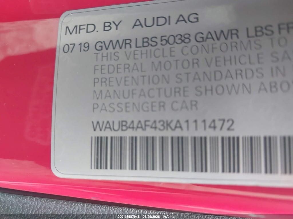 WAUB4AF43KA111472 2019 AUDI S4 photo no. 9