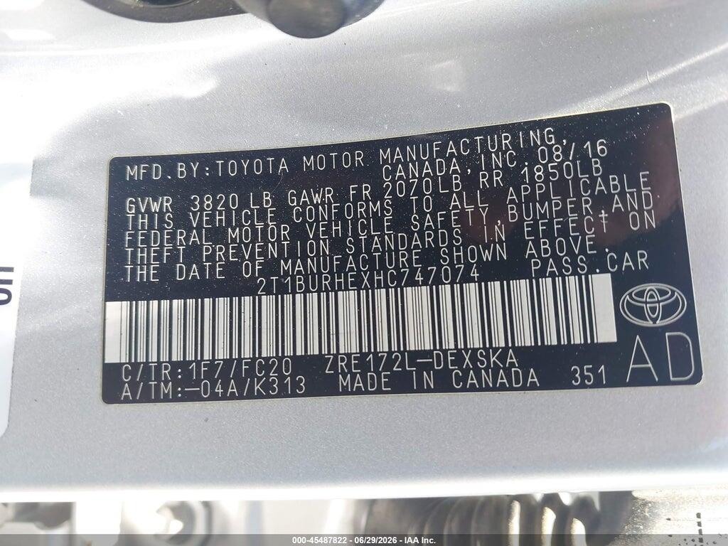 2T1BURHEXHC747074 2017 TOYOTA COROLLA photo no. 9
