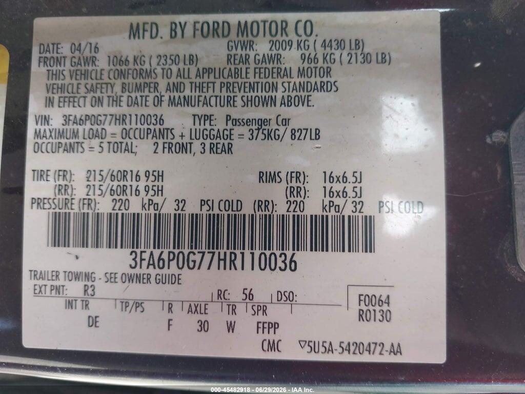 3FA6P0G77HR110036 2017 FORD FUSION photo no. 9