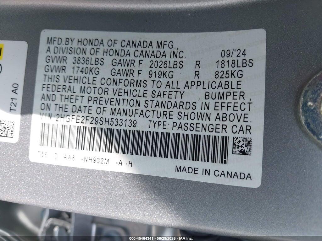 2HGFE2F29SH533139 2025 HONDA CIVIC photo no. 9