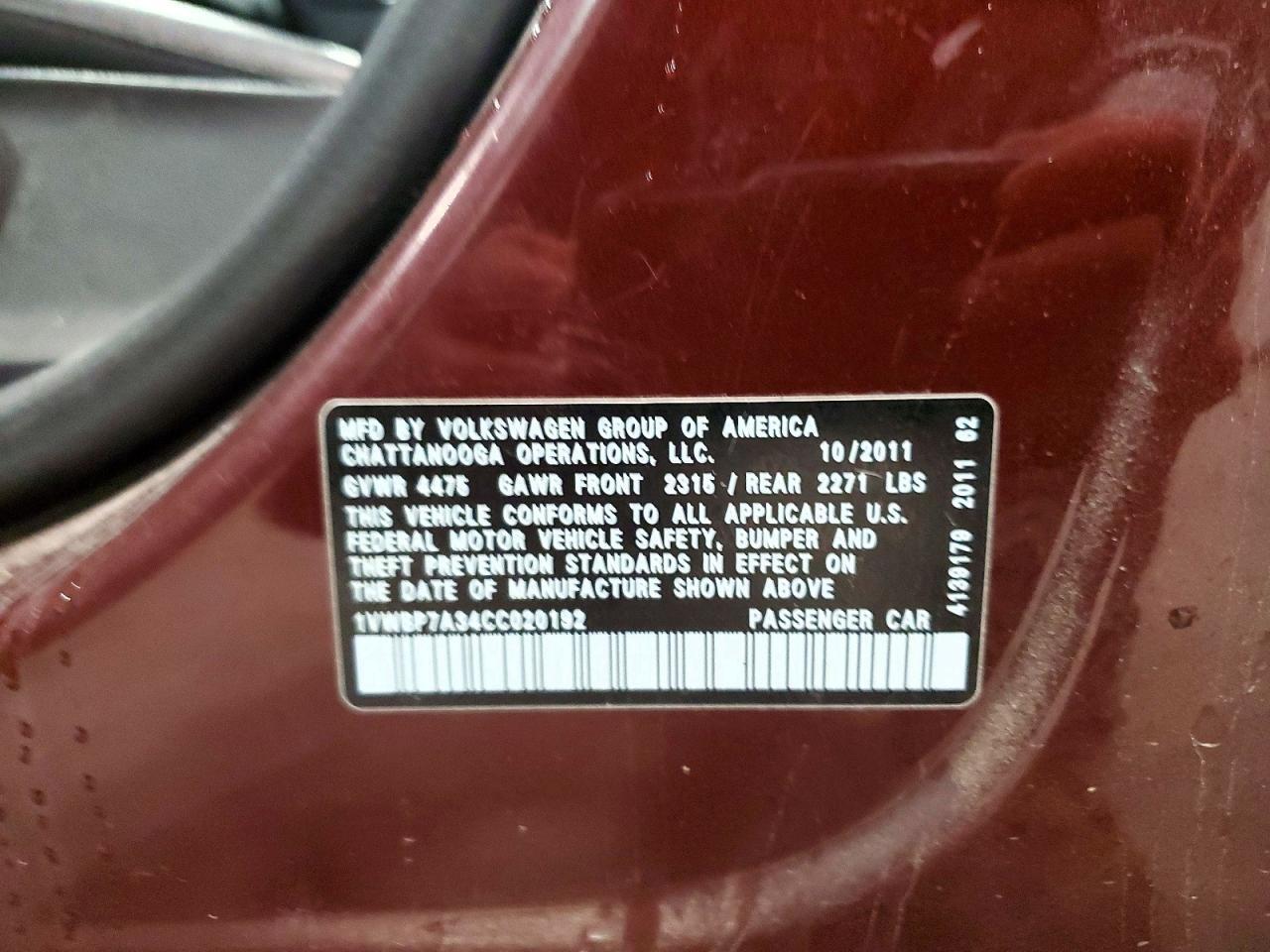 2012 VOLKSWAGEN PASSAT — Фото 12 из 12