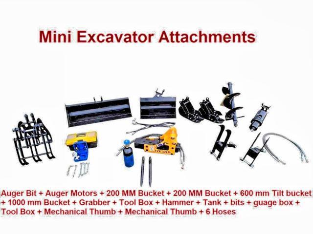 "2026 MINI EXCAVATOR ATTACHMENTS: AUGER BIT + AUGER MOTORS + 200 MM BUCKET + 200 MM BUCKET + 600 MM TILT BUCKET + 1000 MM BUCKET  + GRABBER + TOOL BOX + HAMMER + TANK + BITS + GUAGE BOX + TOOL BOX + MECHANICAL THUMB + MECHANICAL THUMB + 6 HOSES"