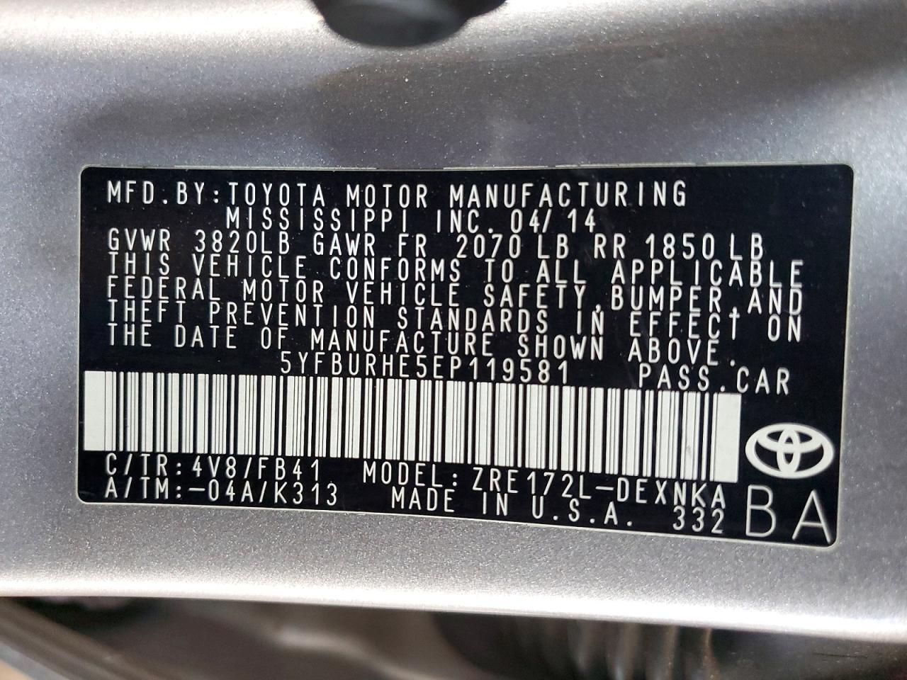 2014 TOYOTA COROLLA L — Фото 12 из 12