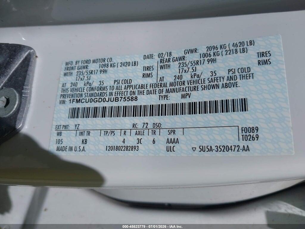 1FMCU0GD0JUB75588 2018 FORD ESCAPE photo no. 9