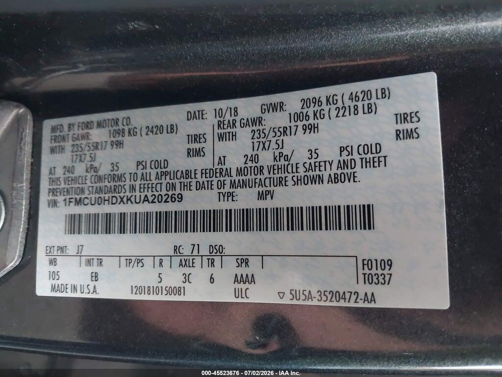 1FMCU0HDXKUA20269 2019 FORD ESCAPE photo no. 9