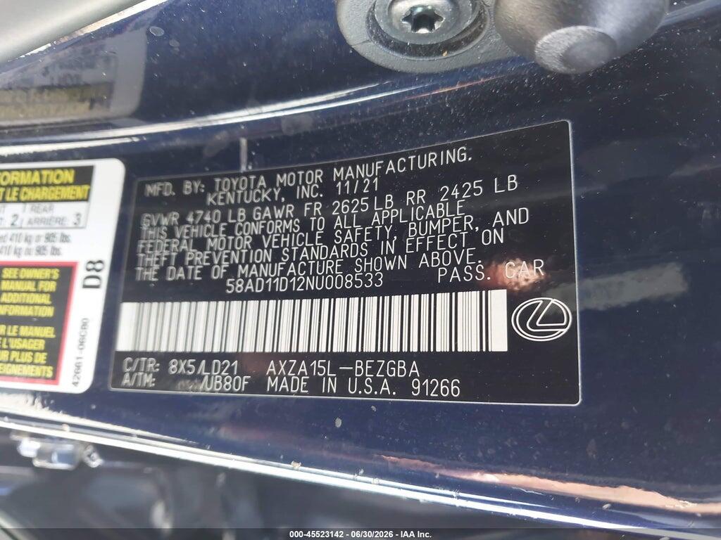58AD11D12NU008533 2022 LEXUS ES 250 photo no. 9