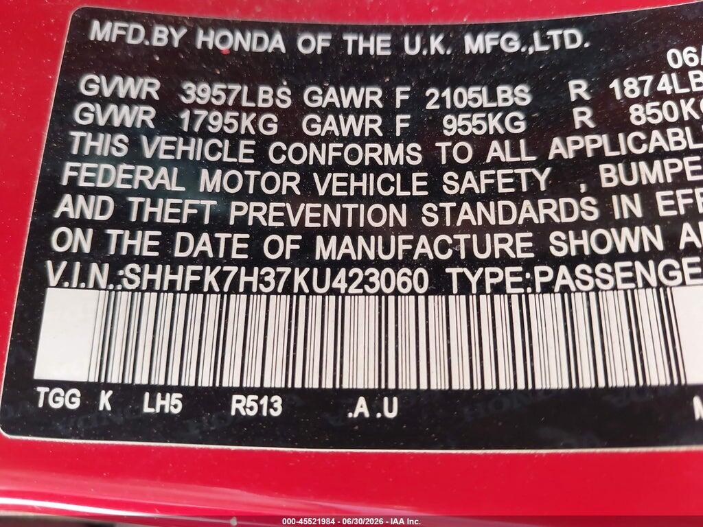 SHHFK7H37KU423060 2019 HONDA CIVIC photo no. 9