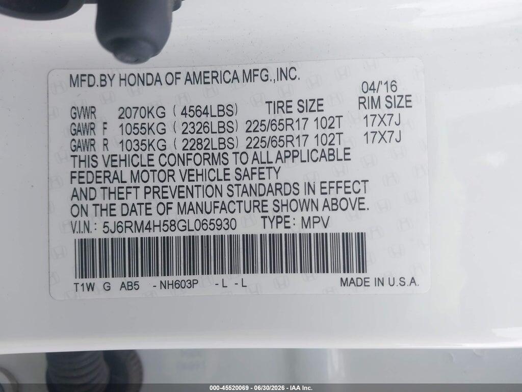 5J6RM4H58GL065930 2016 HONDA CR-V photo no. 9