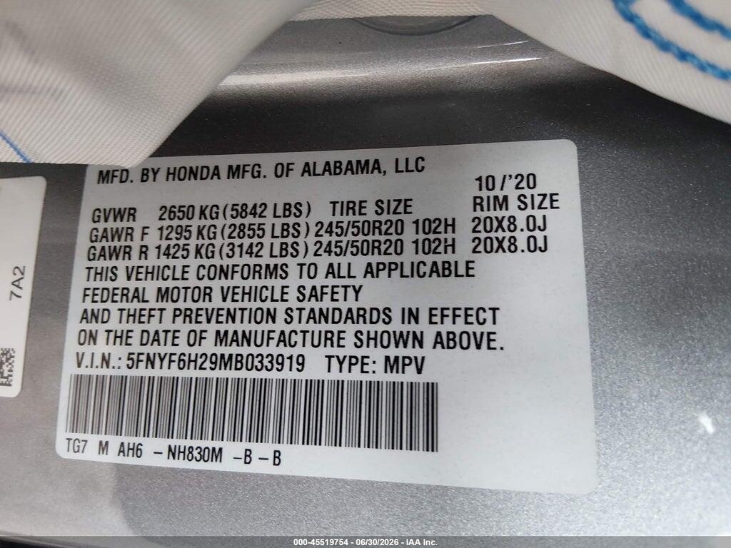 5FNYF6H29MB033919 2021 HONDA PILOT photo no. 9