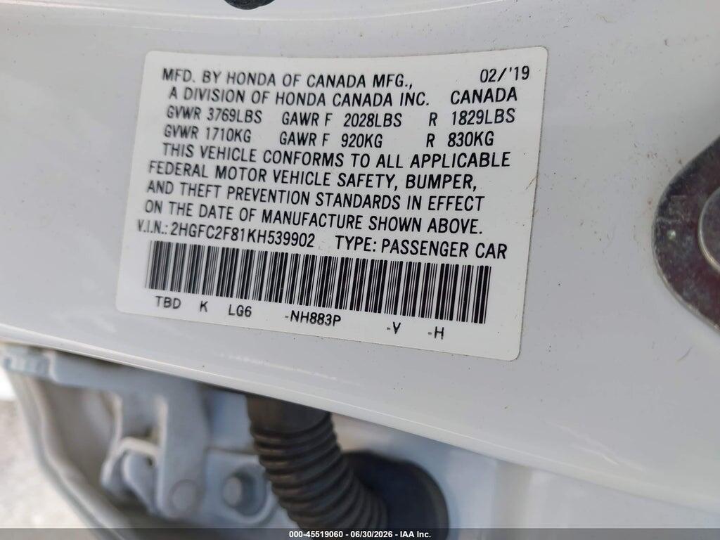2HGFC2F81KH539902 2019 HONDA CIVIC photo no. 9