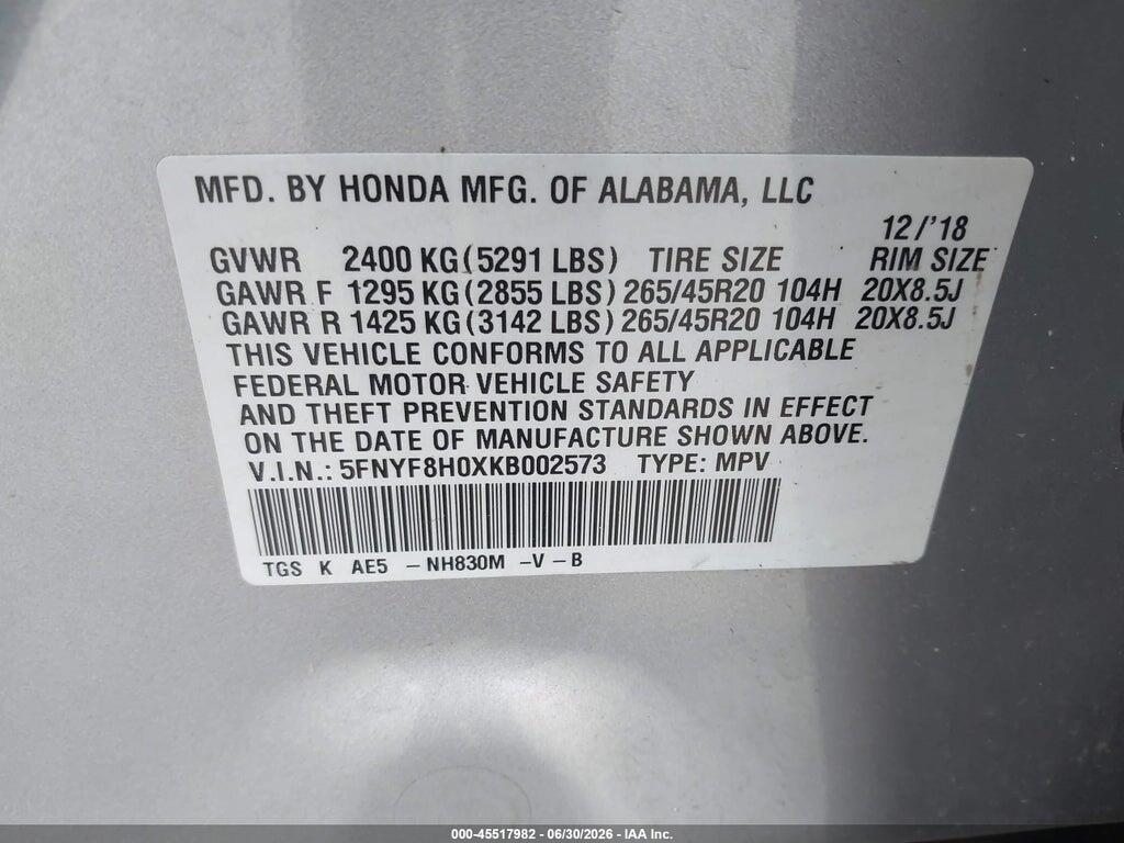 5FNYF8H0XKB002573 2019 HONDA PASSPORT photo no. 9