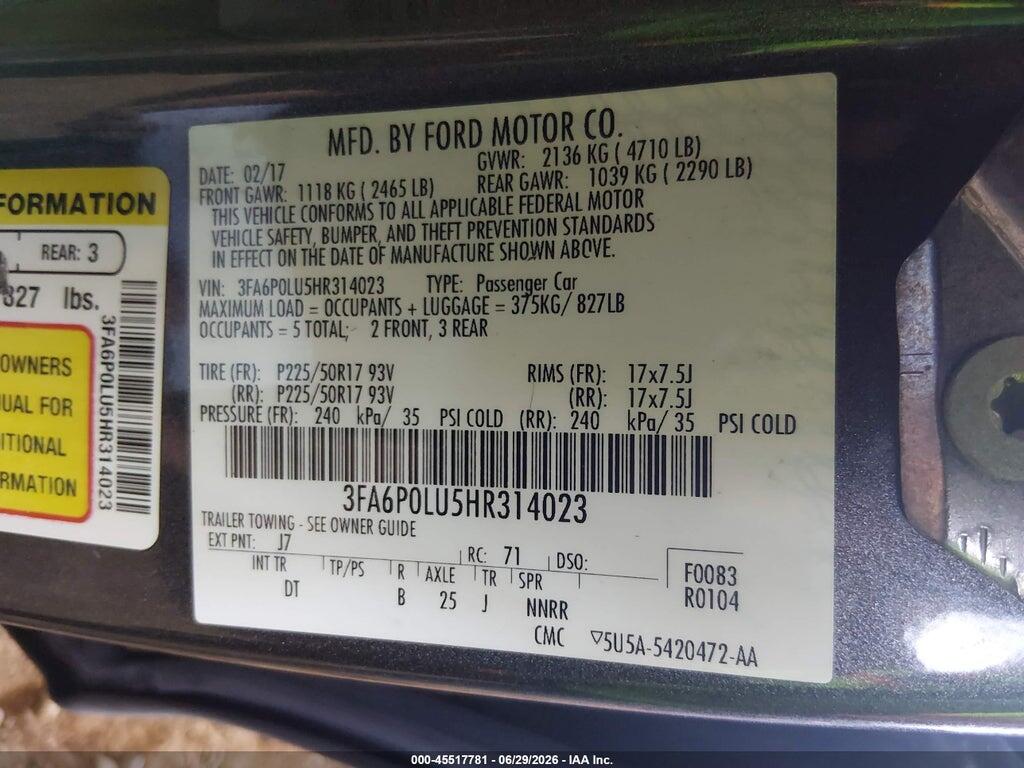 3FA6P0LU5HR314023 2017 FORD FUSION HYBRID photo no. 9
