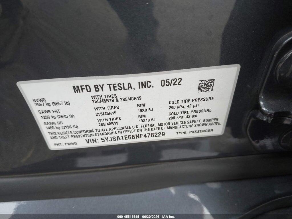 5YJSA1E66NF478229 2022 TESLA MODEL S photo no. 9
