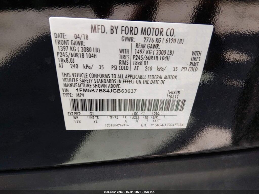 1FM5K7B84JGB63637 2018 FORD EXPLORER photo no. 9